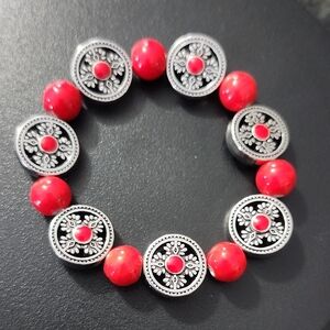 Handmade Red and Silver Metal Enamel Beaded Bracelet
